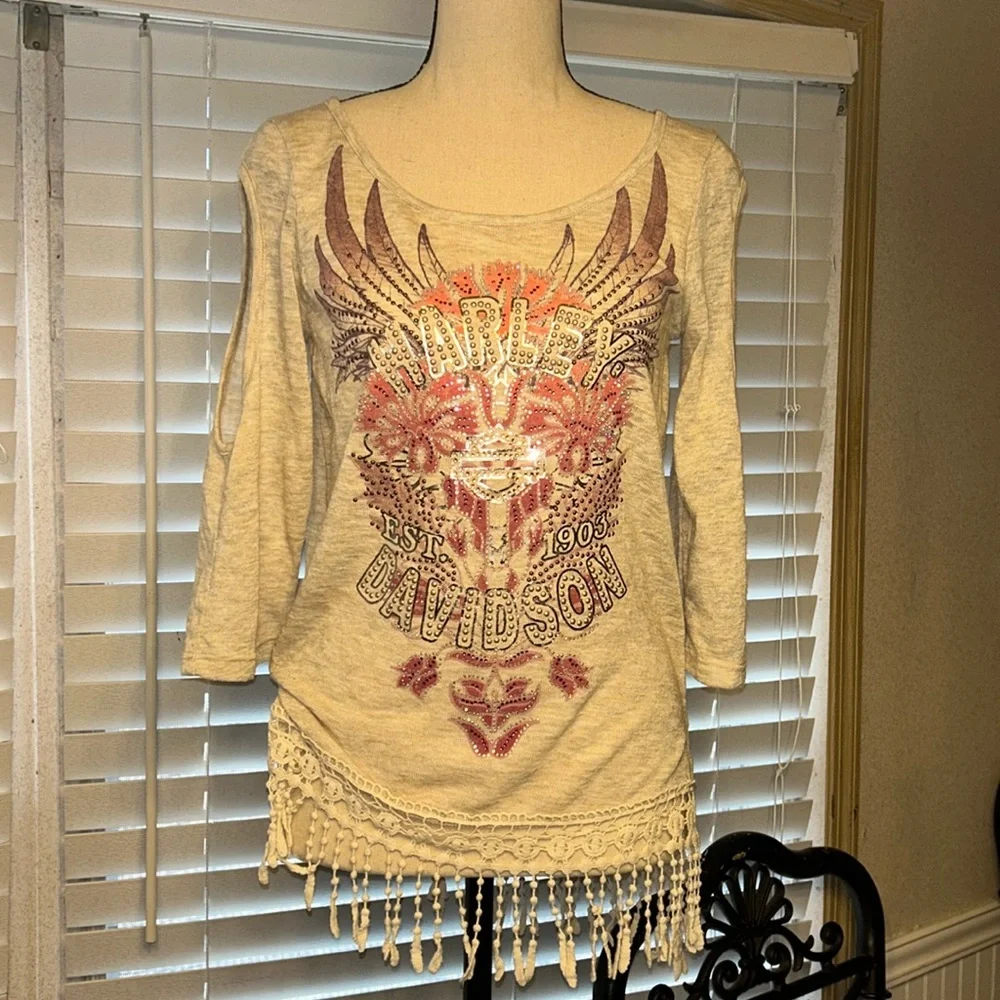 Harley-Davidson Cream and Pink Embellished Cold-Shoulder Top - Picture 2 of 8